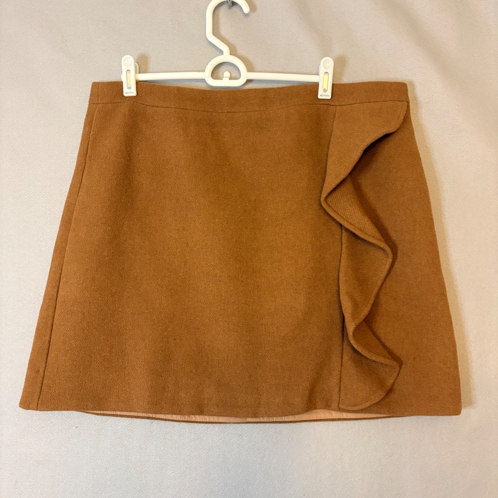 J.Crew Mercantile Camel Brown Ruffle Mini Skirt Wool Blend A-Line Size 14 NWT